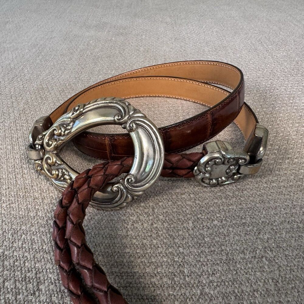 Vintage Brighton Western Bolo Tie Hip Belt M/L 1995 Brown Braided Leather 525